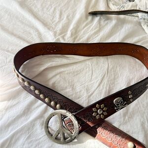 Brown Leather Belt with Peace Sign Buckle